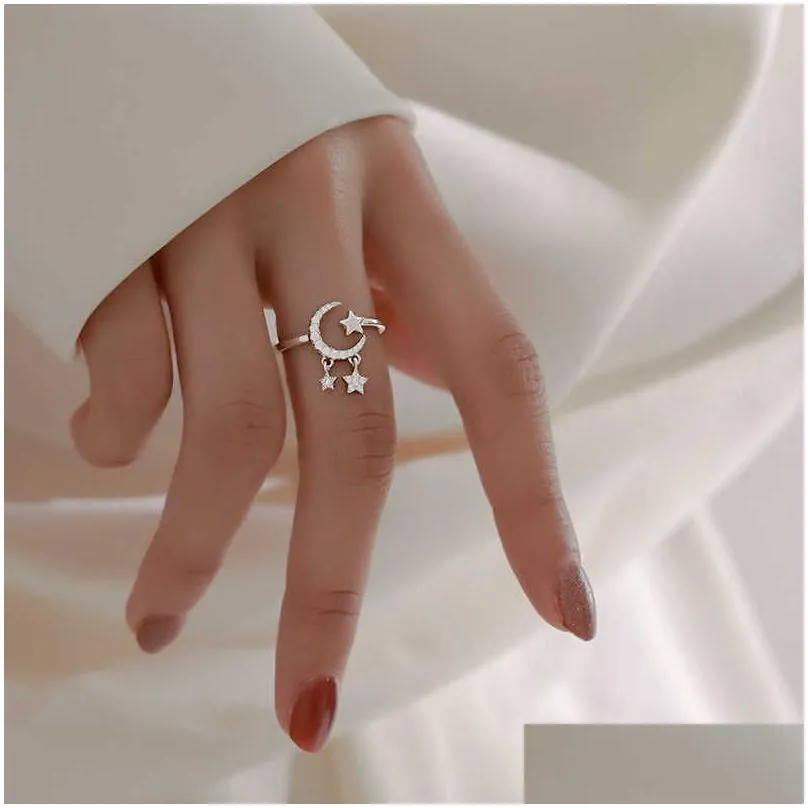 حلقات Band Rings Ventfille 925 Sterling Sier Moon Tassel تفتح أنثى الأزياء الإضافية الخاتم الخاتم المجوهرات الخاتم DH1OT