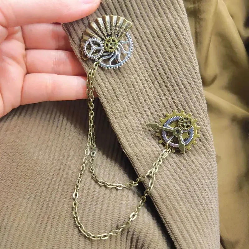 Pins Brooches Brooches Vintage Bronze Unisex Women Men Gear Clock Chain Breast-pins Steampunk Accessories 231208
