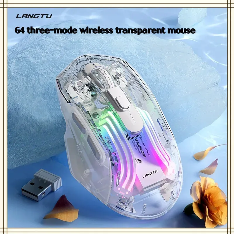 Souris Langtu G4 souris 3mode 2.4g Bluetooth capteur de souris sans fil Dpi réglable RVB rechargeable ergonomique muet bureau Gamer souris cadeau 231208