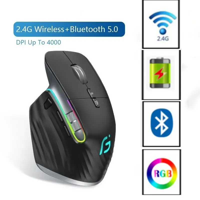 Möss Bluetooth 2.4G Wireless Mouse laddningsbara 12 färger RGB LED -spelmus Ergonomiska möss för Gamer Computer Laptop iPad 231208