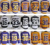 Men Hockey Vintage Retro 30 Rogatien Vachon Jersey 33 Marty McSorley 22 Tiger Williams 19 Butch Goring 16 Marcel Dionne 32  Hrudey Yellow Purple White GuoWang