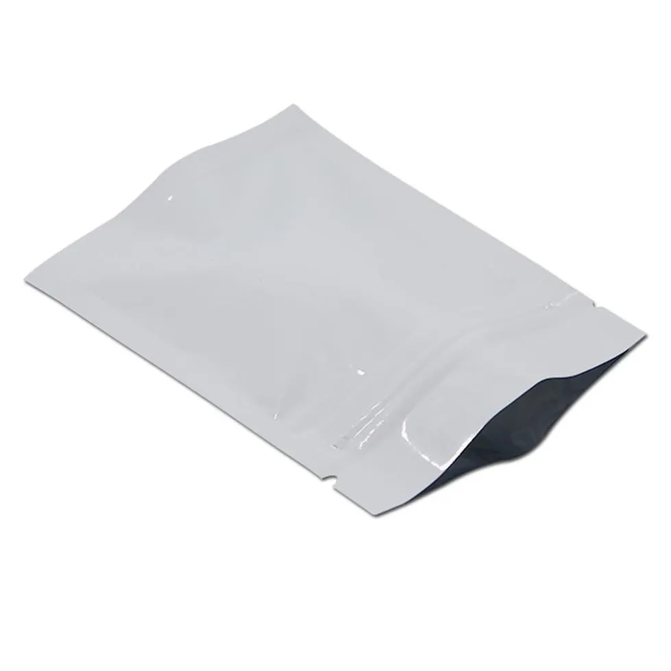 200pcs biała aluminiowa folia ziplock paczka żywnościowa torba do samozwańca zamek błyskawiczny Mylar Foil Bag na cukierki Dookies Opakowanie herbaty 201021255v