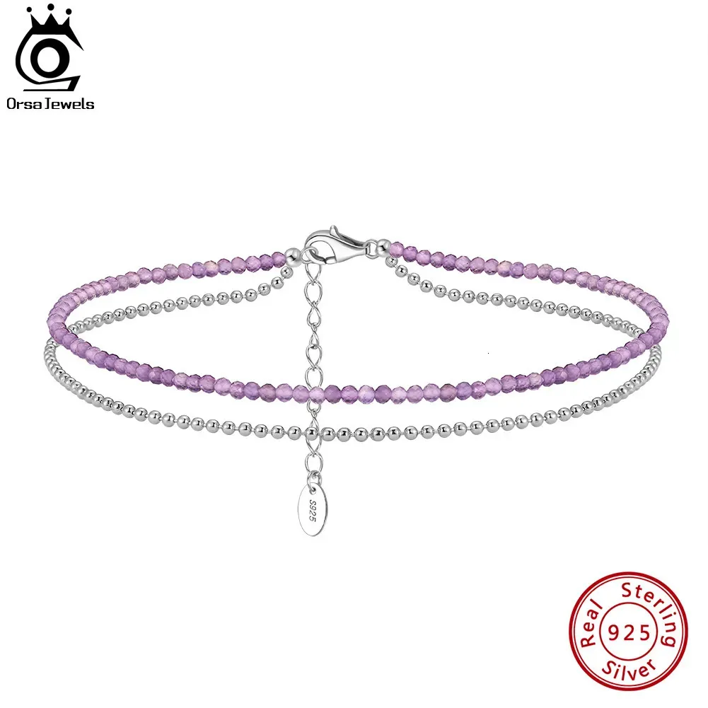 Cavigliere ORSA JEWELS Catena a sfere a strati Ametista Argento 925 Bracciale cavigliera regolabile per donna Gioielli estivi a piedi nudi SA45 231208