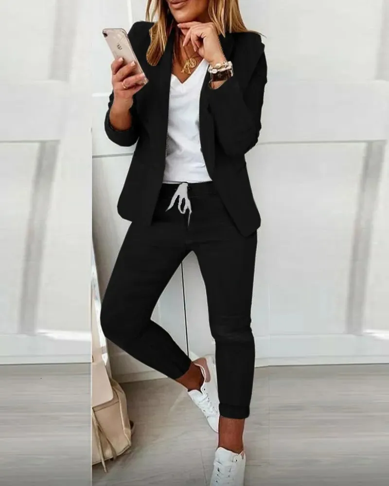 Kadınların İki Parçalı Pantolon Elbisesi 2 Parça Ceket Pantolon Setleri Sonbahar Moda Sıradan Turndown Yaka Uzun Kollu Blazer Set Office Lady 231208