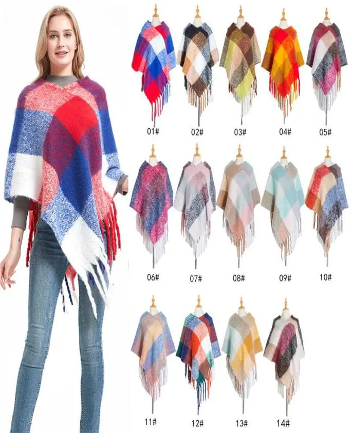 スカーフデザイナーの女性冬の格子縞のポンチョスクエアパシュミナバンダナカシミア厚い毛布ニット温かい柔らかいショールとラップスカール7984425