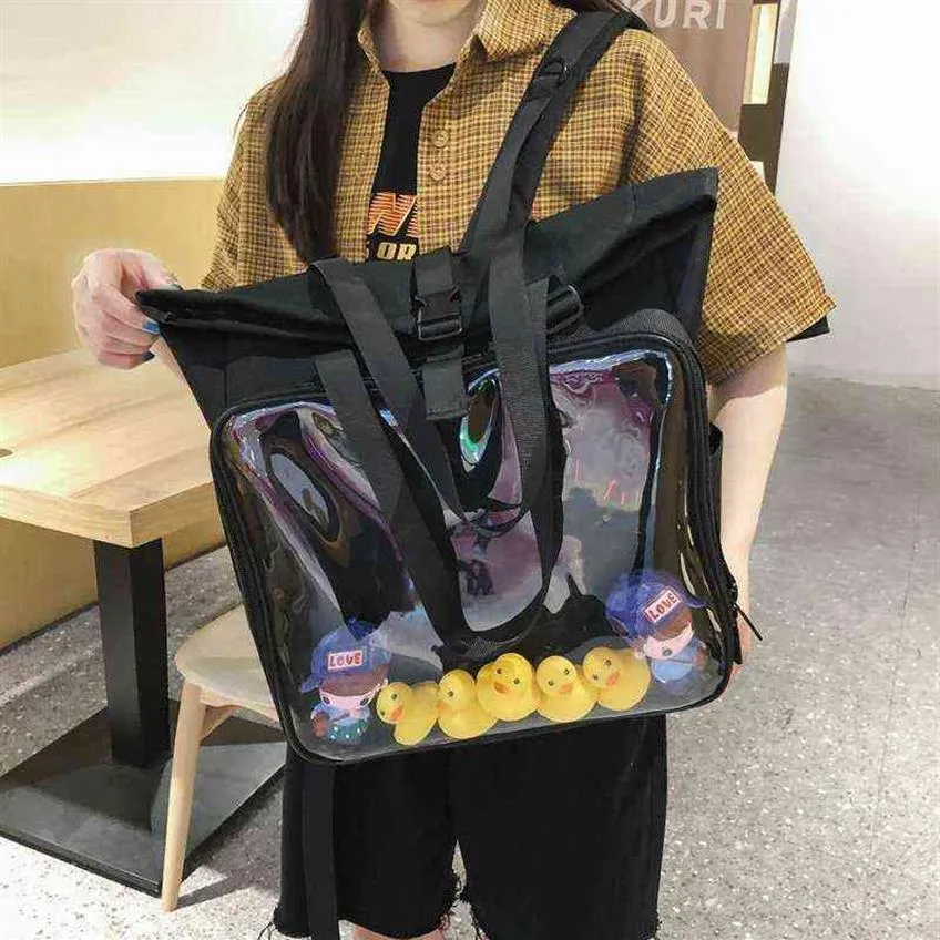 Mochila de bolsa de ita femenina transparente con patos.