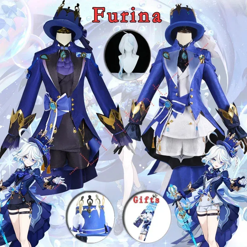 Costumi Anime Fontaine Furina Focalors Costume Cosplay Genshin Furina Costume Impact Furina Cosplay Nero Bianco Uniforme Parrucca Cappello Comic Con 231208