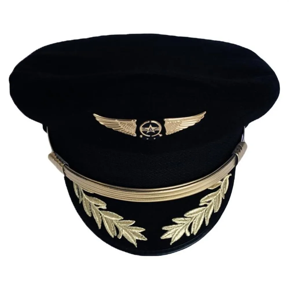 Custom Upscale Pilot Cap Airline Captain Hat Uniform Halloween Party Adult Men Military Hats Black For Women Wide Brim296U