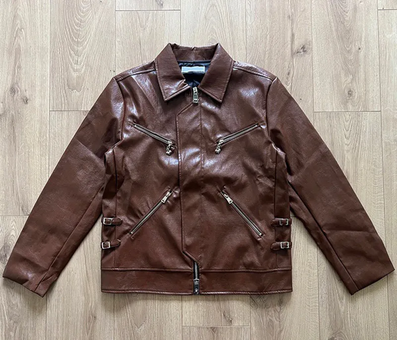 EU Stilvolle Männer Zipper Braun Vintage Öl Leder Motorrad Jacke Revers Kragen Casual Winddicht Mantel 23FW