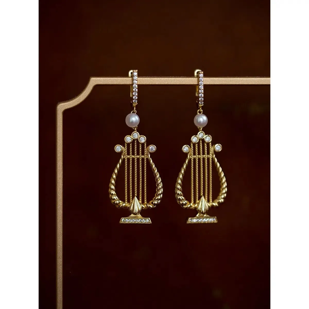 Dangle Lustre Élégant Vintage 14K 18K Plaqué Or Harpe Perle Goutte D'oreille Longue Gland Zircon Boucle D'oreille Femmes Unique Italie Art Déco Bijoux 231208