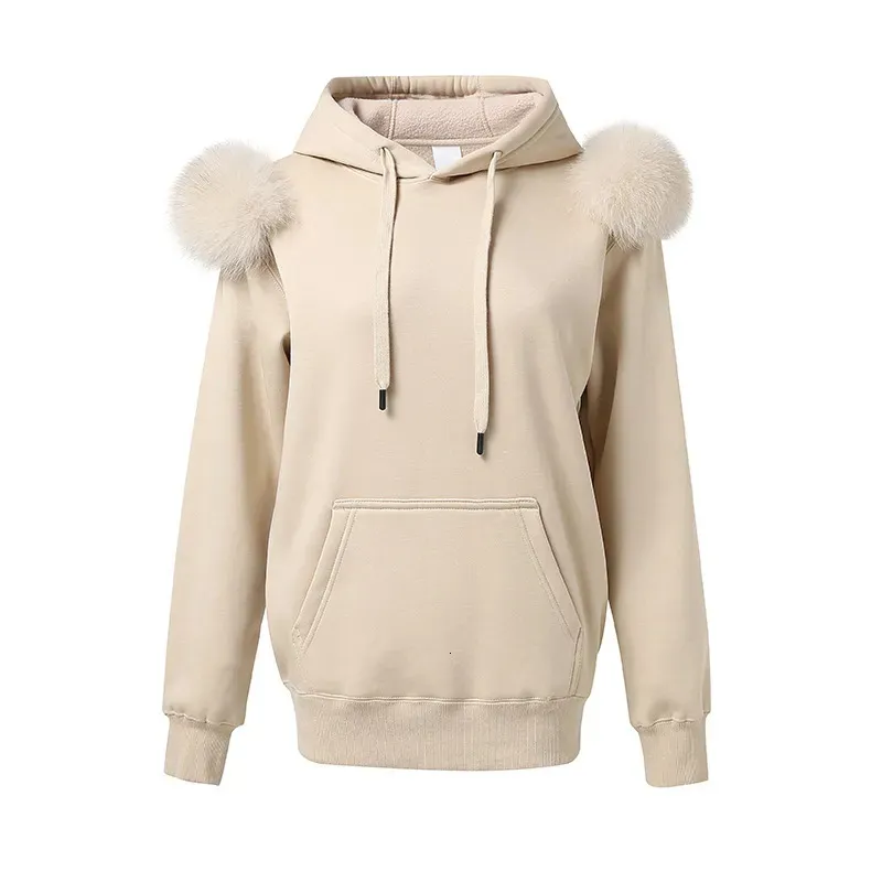 Kvinnors hoodies tröjor Ankomst Autumn Winter Hoodie Women Fleece Pullover With Hood Real Fox Fur Lady Jackets S5185 231208