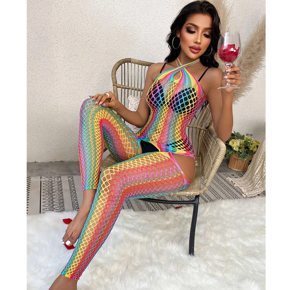 Vrouwen regenboog visnet bodystocking sexy mesh uitgehold doorzien bodysuit erotisch transparant kostuum nachthemd