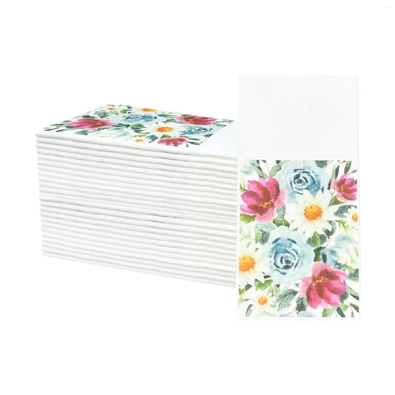 Guardanapo de mesa 12 peças/50 peças, guardanapos de papel florais com bolso de talheres embutidos, toalhas descartáveis pré-dobradas de linho para festa de casamento