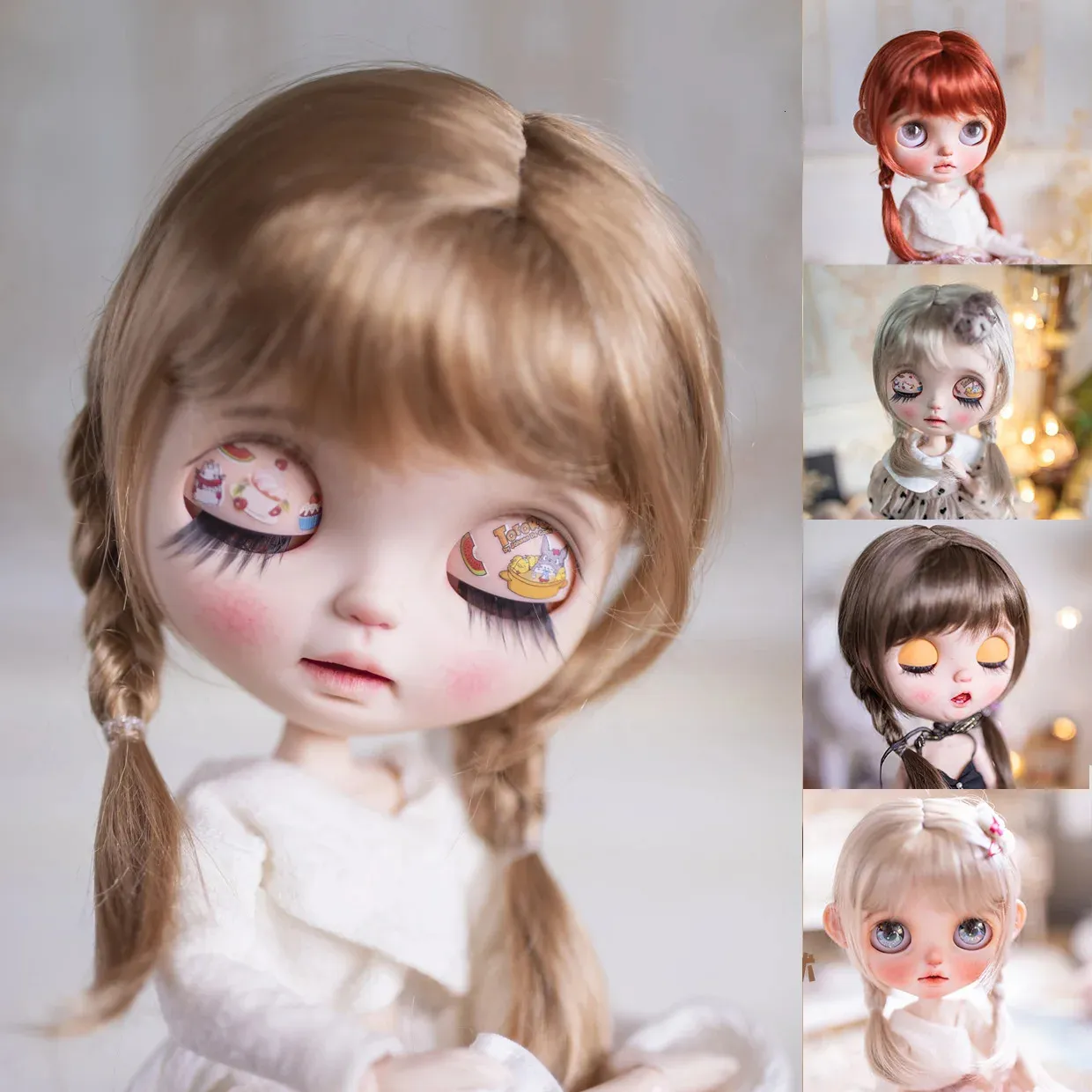 Docktillbehör Blyth Doll Wig Bangs Double Braid Hair Wig Light Blonde/Brown/Reddish Brown DIY BJD Doll Accessories Storlek 9-10 10-11 tum 231208