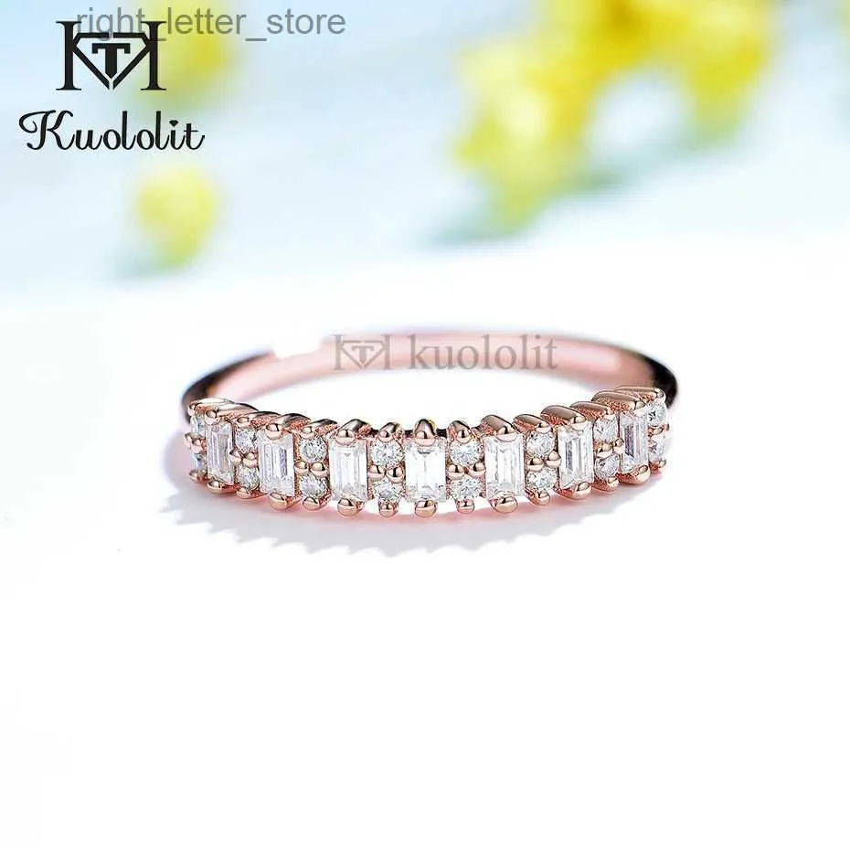 Con piedras laterales Kuololit Soild 18K 585 Banda de moissanita de oro rosa de 14 quilates para mujer Baguette Solitaire Anillo de diamantes de boda a juego Compromiso 2022 YQ231209