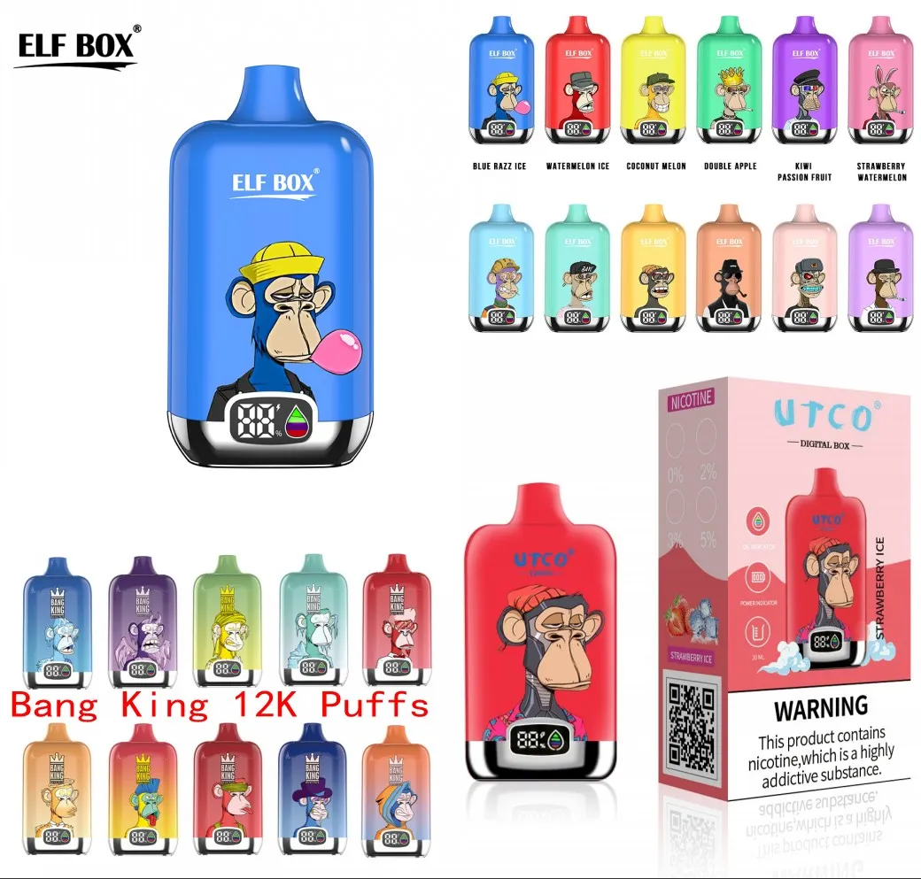 Puff 12K 12000 Puffs Vape Descartável Caixa Digital Elf Box Bang King UTCO Bobina de malha E-líquido 20ml 0% / 2% / 3% / 5% 850mAh Bateria recarregável 20 sabores disponíveis Carregador tipo C