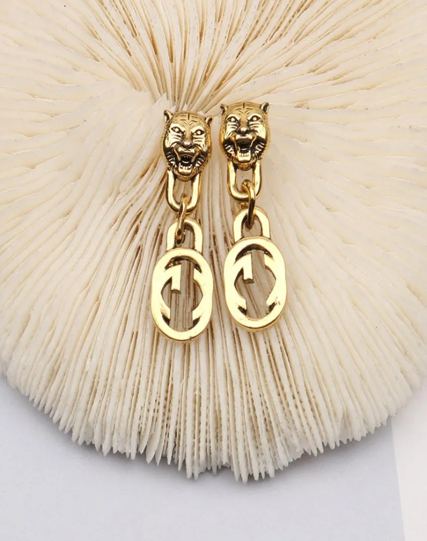 Retro Tiger Head 18K Gold Plated Luxury Brand Designers G Letters Stud Clip Chain Geometric Famous Women Crystal Rhinestone Pearl 4954369