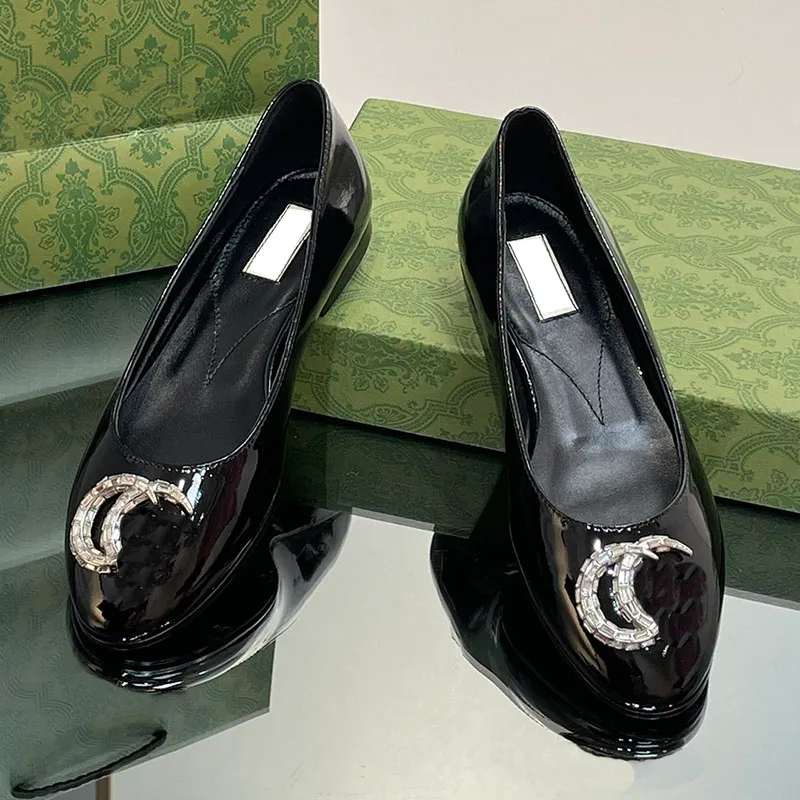 New Women Dress Shoes Luxury Designer Classic Crystal Diamond Double Letter Ballet Flats Desig Shoe Imported Lacquer Leather Anti Slides Ladies Famous Brand Shoe