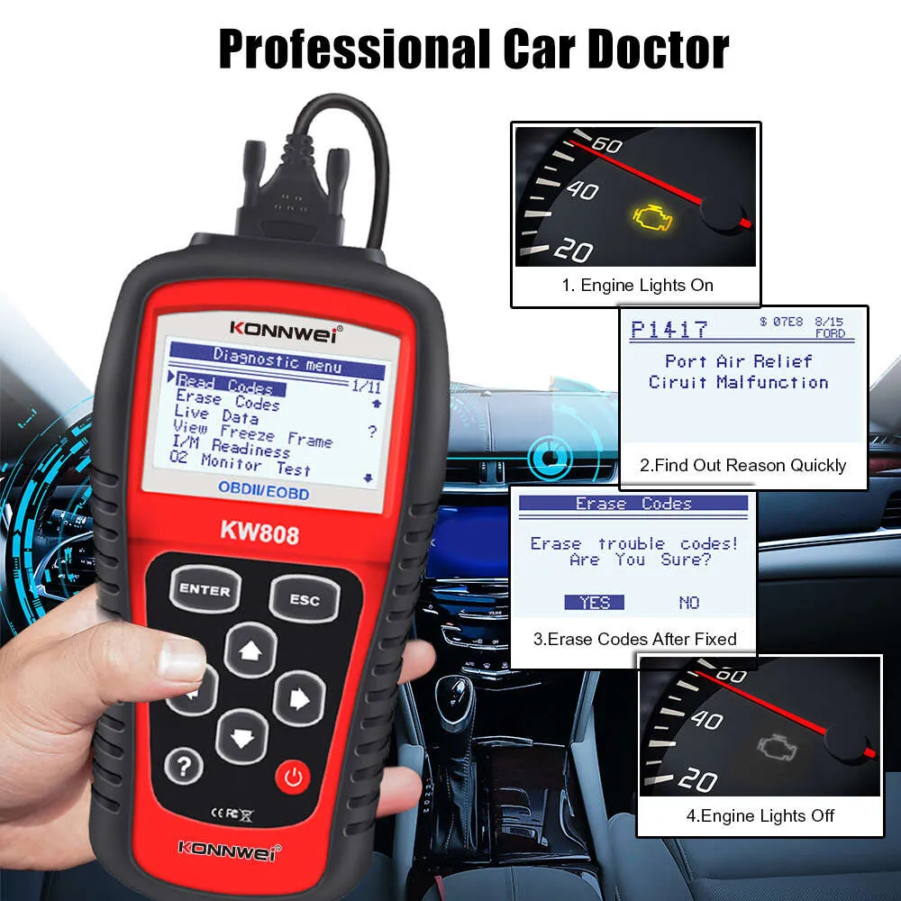 Nowy skaner OBD2 Konnwei KW808 Motoryzacyjny narzędzie diagnostyczne OBD 2 Auto Scanner Code Coder Support Can J1850