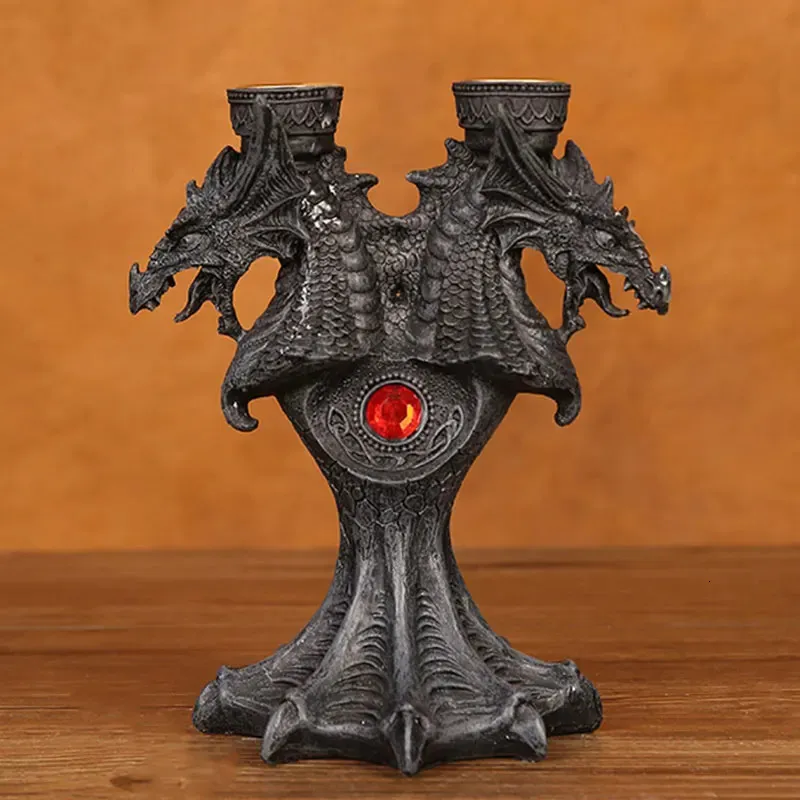 Bougeoirs Figurines en résine chandelier Halloween médiéval Dragon autel Statue Sculpture support support 2 pièces bougeoirs décor de bureau à la maison 231208