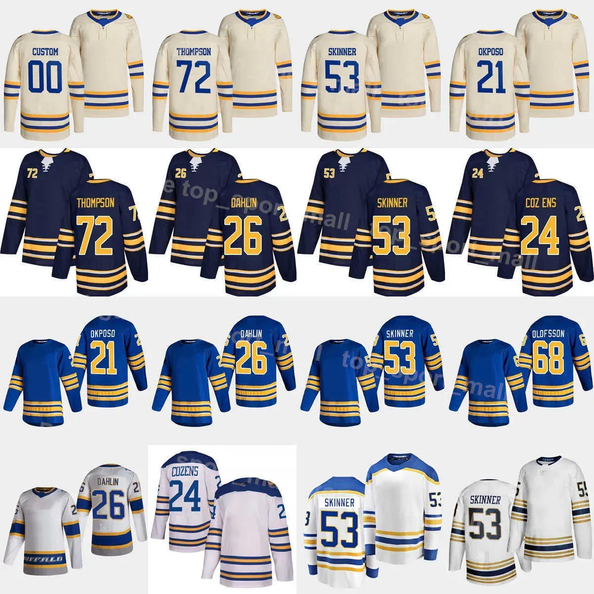 Maillots de hockey cousus 2023 Olofsson Tage Thompson Rasmus Dahlin Jeff Skinner Kyle Okposo Dylan Cozens Victor Heritage Classic Hockey sur glace J