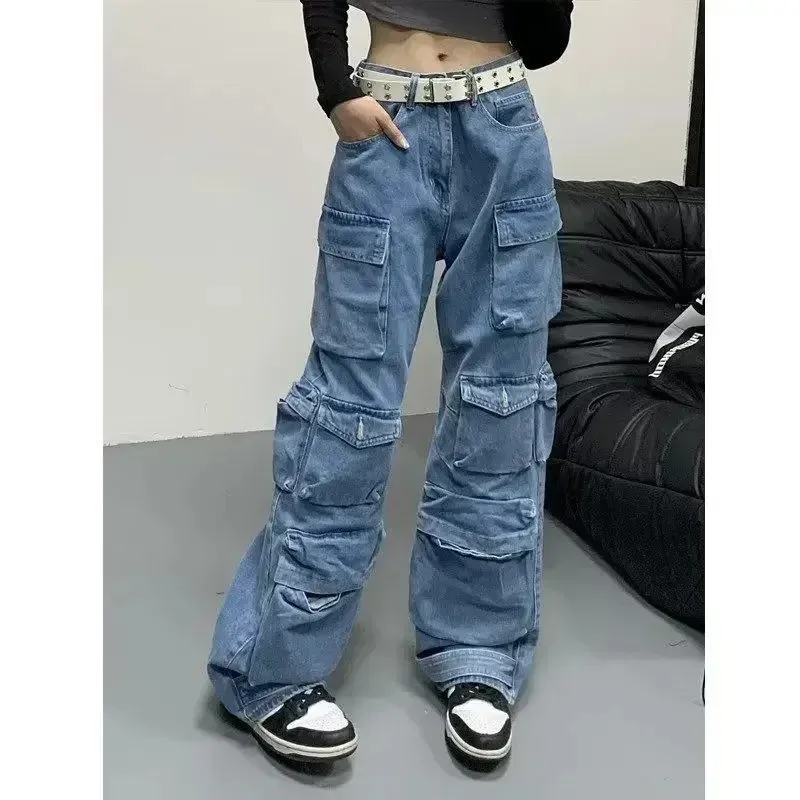 Jeans para mujer Jeans artesanales lavados vintage jeans cargo de cintura alta para mujer múltiples bolsillos pantalones vaqueros vintage y2k sueltos y versátiles 231208