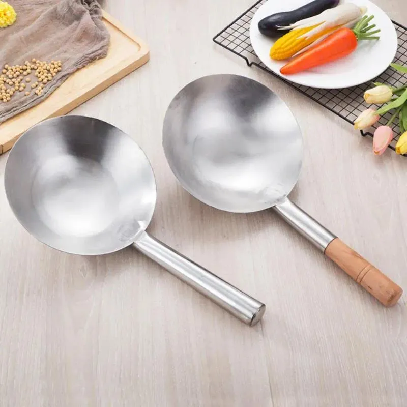 Cuillères Gadget de cuisine en acier inoxydable cuisson épaisse grande louche en bois/poignée sans revêtement antiadhésif Chef Wok grande cuillère à soupe Kitc