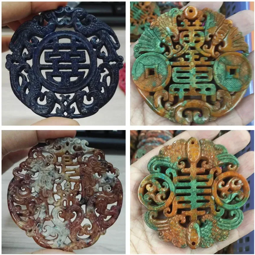 ペンダントネックレス中国の古い古代のヴィンテージパターン自然ジェイドハンドカーブした石のネックレスDIY FOR Fine Daily Jewelry Gift 231208