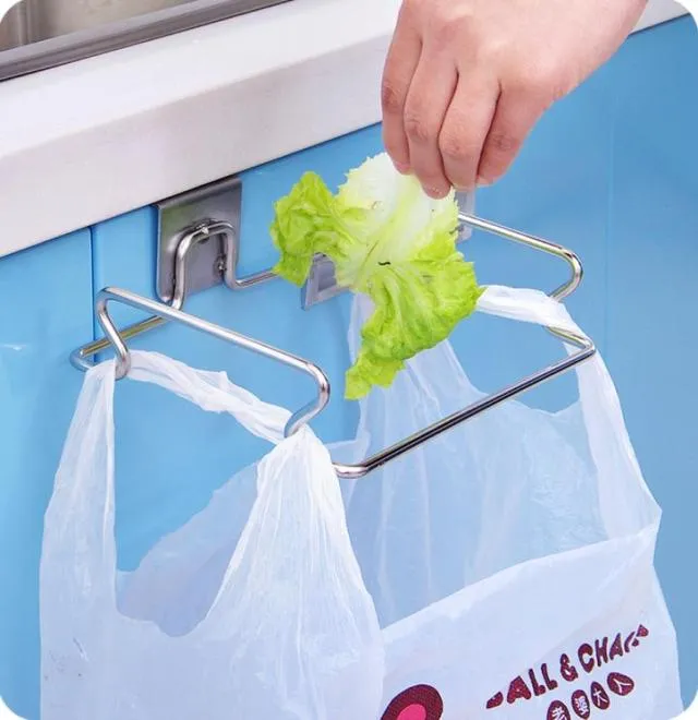 Support de rangement pour sacs à ordures suspendus, support de sac poubelle en acier inoxydable, porte-serviettes, gants, cintre pour portes d'armoires de cuisine et Cu5132353