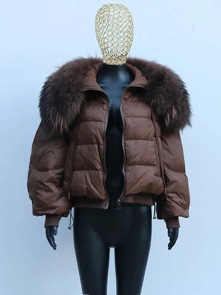 Mulheres Down Parkas ANNSIRGRA Inverno Down Jacket Mulheres Grande Real Raccoon Fur Collar Curto Feminino Parkas Grosso Quente 90% Duck Down Casaco Solto 231208