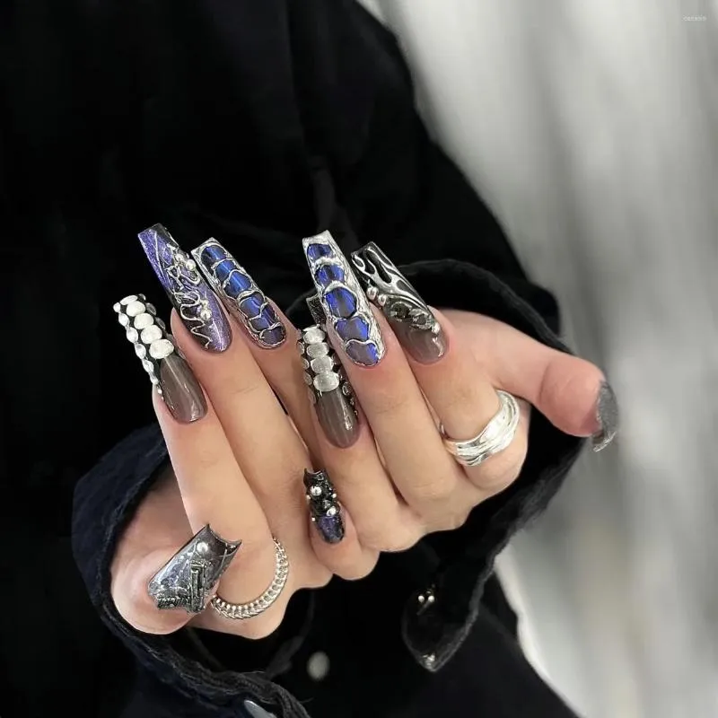 False Nails 24pcs Long Coffin Shape Liquid Blue Snake Punk Designs Artificial Fingernails Full Cover Removable Fake Press On