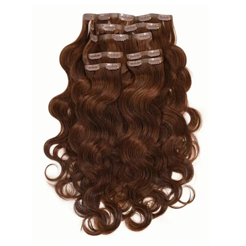 PU WEFFT WAVY SEAMLESS CLIP-IN 헤어 확장 100HUMAN 초콜릿 브라운 20 인치 120G/팩 8 피스 감지 할 수없는 유연한 내구성 내구성 DIVA1