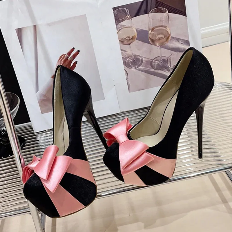 Dress Shoes Liyke Fashion Design Bowknot Round Toe Platform Pumps Women Wedding Banquet Shoes Sexy Stripper Pole Dance High Heels Black Pink 231208