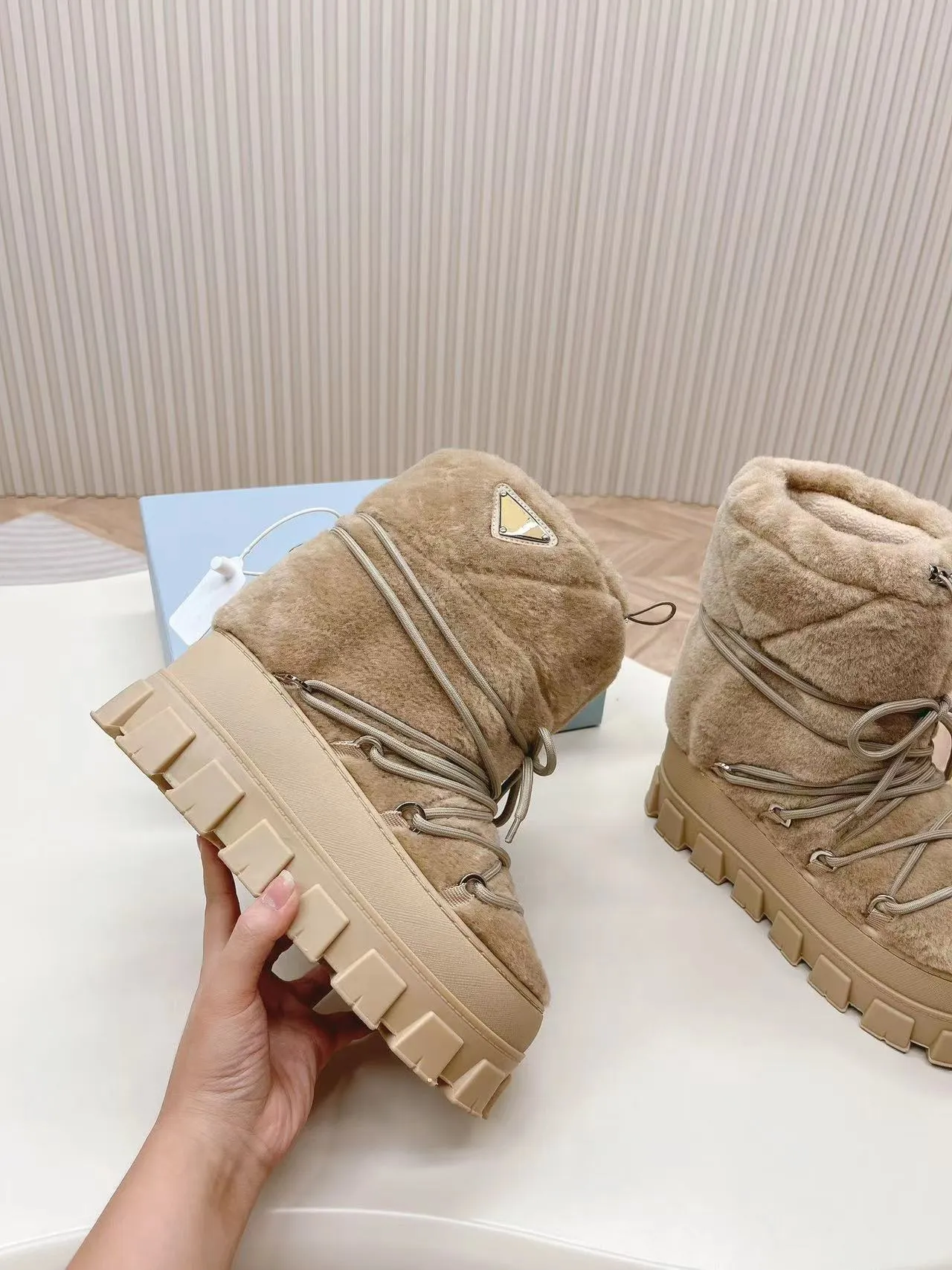 Platform Shearling Apres-Ski Botlar Tasarımcı Kadın Botları Naylon Gabardine Apres -Ski Bot ayak bileği botları patik Kış Sonbahar Kayak Yüksek Kalite Boyutu 35-42