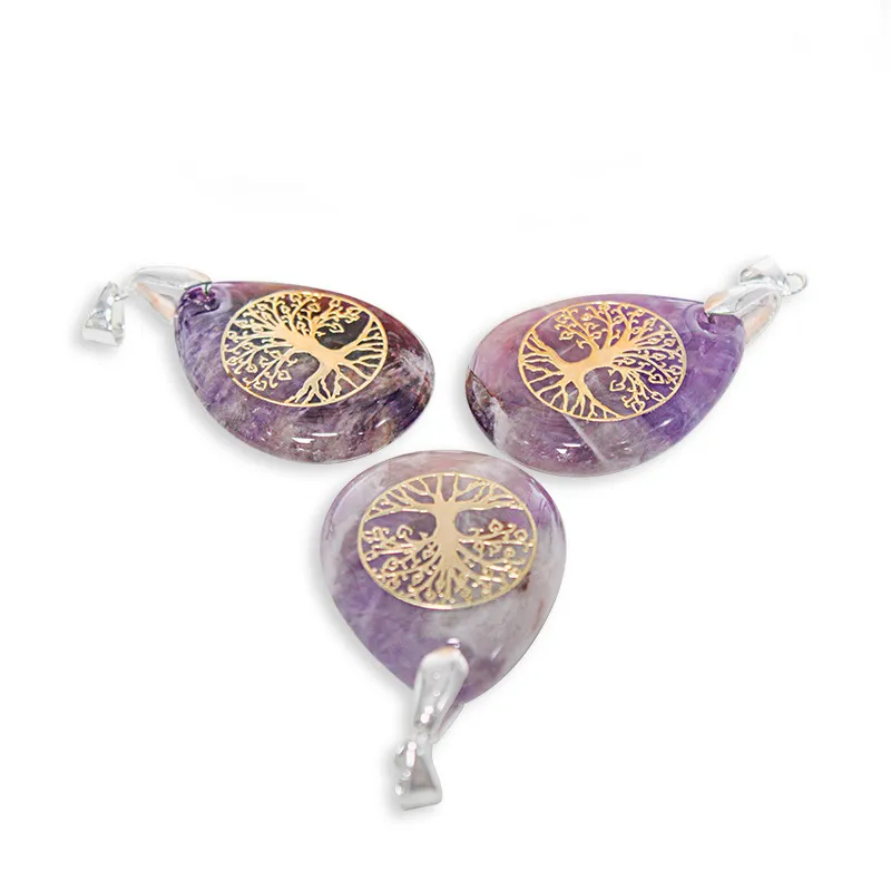 Natural Chakra Quartz Amethyst Tiger Eye Stone Printing the Tree of Life Teardrop Pendant