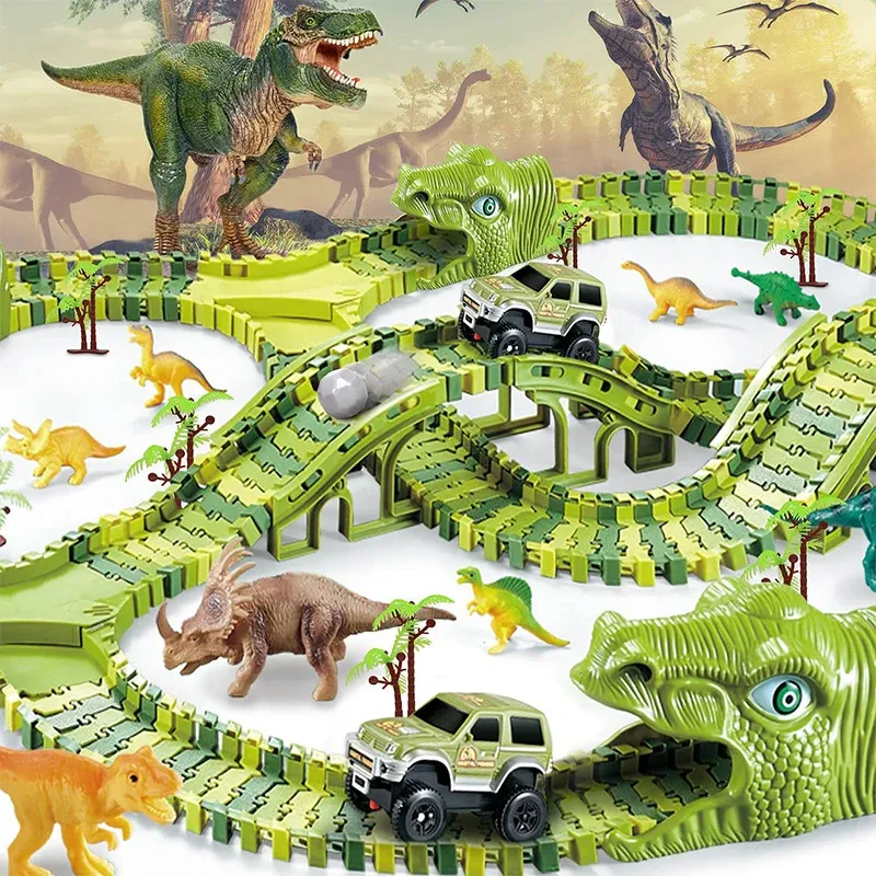 Jeux de fête Artisanat Jouets de dinosaures Piste Piste flexible Playset Voiture jouet pour enfants Dinosaur World Road Race Cadeaux d'anniversaire de Noël pour les tout-petits 231208