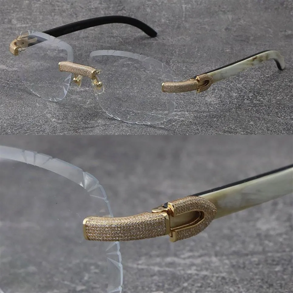 2022 New Rimless Micro-paved Diamond set Frames White Inside Black Buffalo Horn Eyewear Glasses Male and Female 18K Gold Frame gla229A