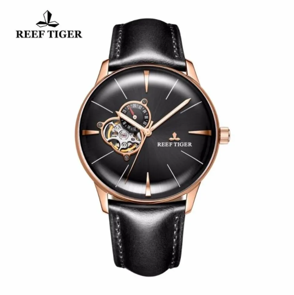 Reef TigerRT Men039s Роскошные повседневные часы с турбийоном и выпуклыми линзами розового золота с автоматическим кожаным ремешком RGA8239 Наручные часы3243411