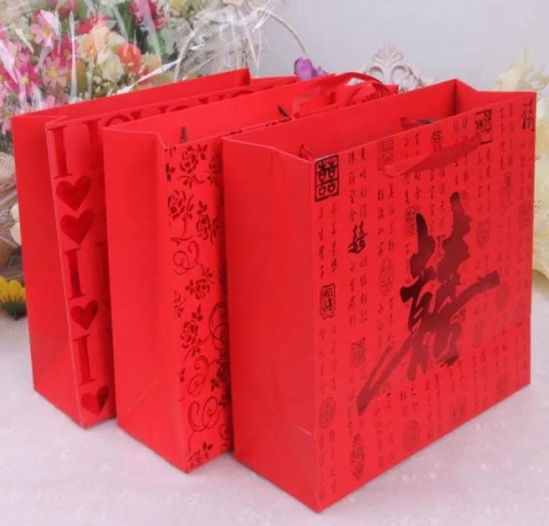 Gift Wrap Chinese Traditional Red Double Happiness Wedding Paper Bag With Handle Package Candy Bags 259419cm 100pcslot82693649118227