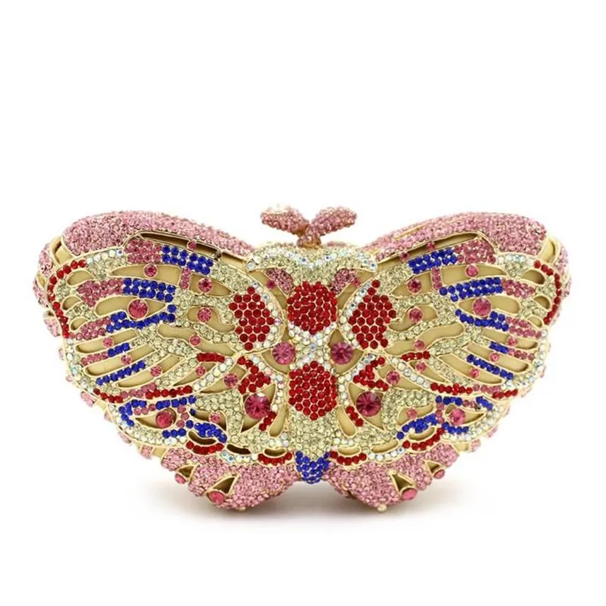 جميلة الفراشة الوردي راينستون كريستال المرأة المسائية محفظة القابض الذهب المعدنية الأحجار الكريمة براثن حقائب اليد 297S