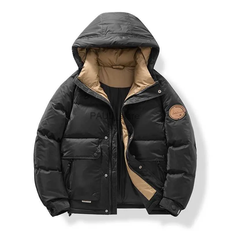 Herren Daunenparkas UETEEY Winter Dicke Warme Herren Weiße Ente Daunenjacke Mit Kapuze Lässige Motorrad Winddicht Parkas Mode Lose Männer Puffer MantelL231209