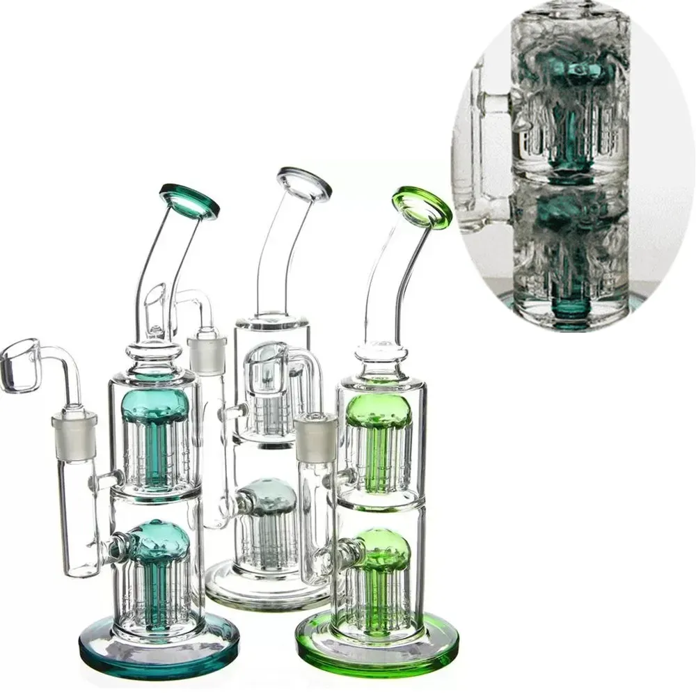 Narguilés en verre Double Chambre Bras Arbre Perc Bongs Diffuseur Tuyaux D'eau Brûleur À Huile Barboteur Dab Rig Shisha avec Banger 14mm Joint Bleu BJ