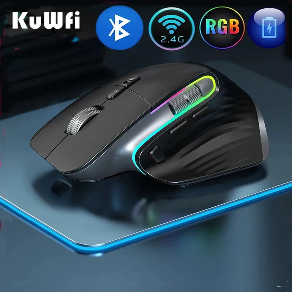 Fareler Kuwfi Şarj Edilebilir Kablosuz Fare Sessiz Oyun Fare 2.4G Bluetooth Mause PC Dizüstü Bilgisayar için Ergonomik 4000dpi 9 Düğme RGB Fareleri 231208