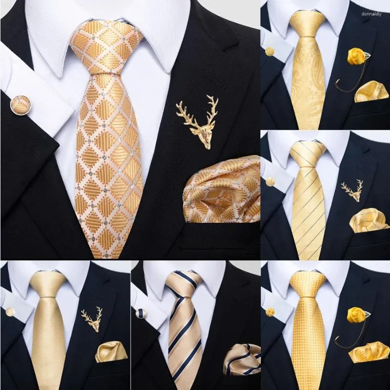 Bow Ties Wholesale Solid Checked Floral Light Yellow Champagne Gold Men's Set Neckties Pocket Square Silk Jacquard Woven