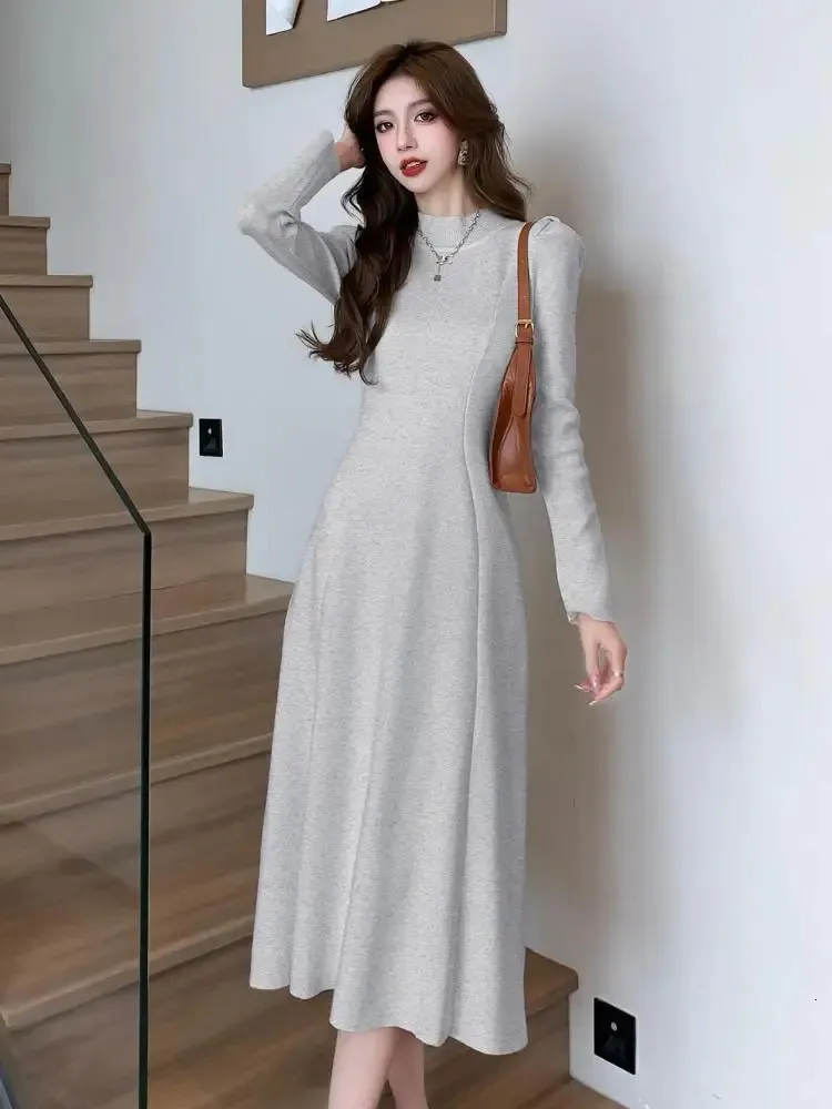 Basic Casual Dresses Autumn Knitted Dress For Women Clothes Elegant And Pretty Womens Fashion Half High Collar Long Sleeve Office Lady 231208