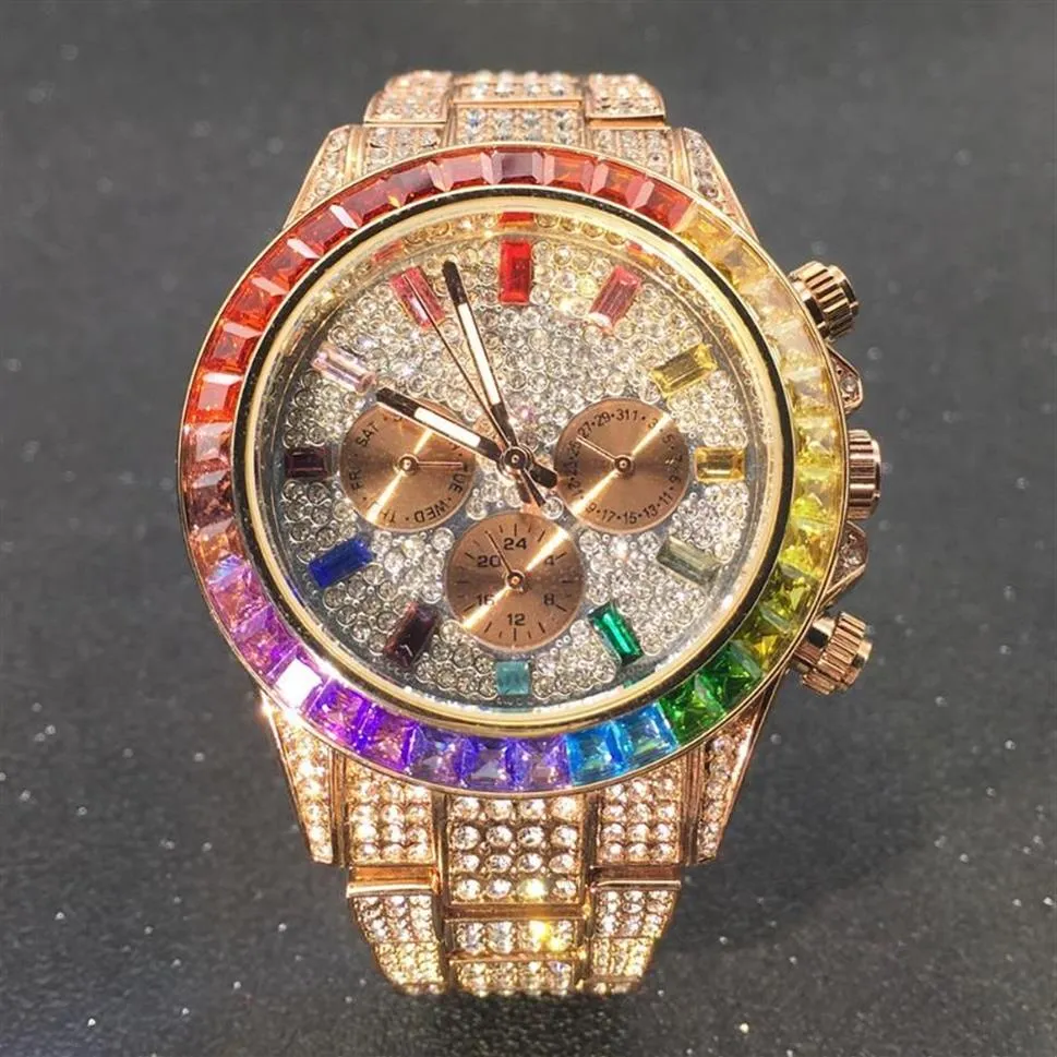 Orologi da polso Orologi da uomo in oro rosa ghiacciati Orologio da uomo con tre occhi arcobaleno con diamanti Orologio da polso rotondo luminoso in acciaio inossidabile Hiphop M2754