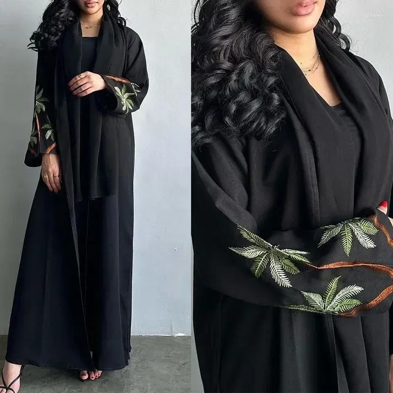 Abbigliamento etnico Nero Casual Aperto Kimono Abaya per le donne musulmane Ramadan Eid Jalabiya Ricamo Manica lunga Abito marocchino africano Abaya