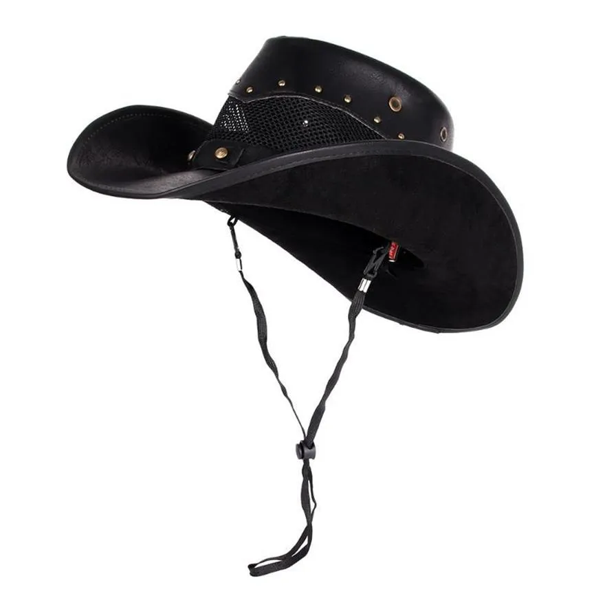 Bérets 100% cuir femmes hommes Western Cowboy chapeau été maille respirant Sombrero Hombre casquettes papa parrain chapeaux 2 Szie Plus SizeBe297D