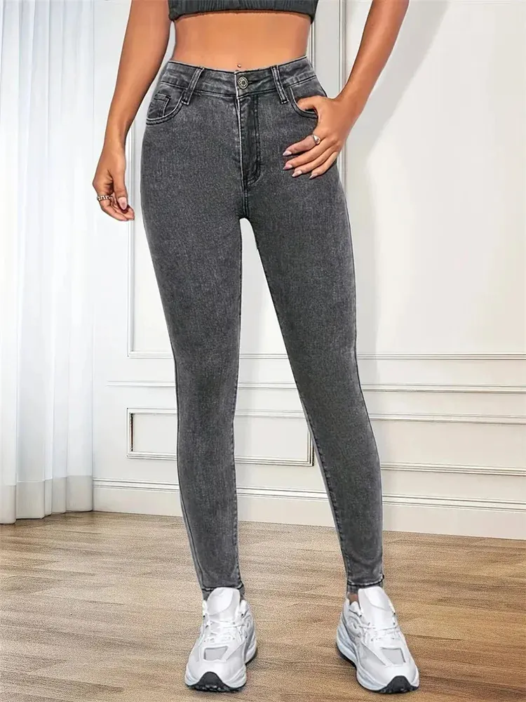 Jeans femininos 2024 mulheres estiramento magro senhora slim fit clássico lápis meninas leggings calças de perna reta azul cinza calças simples 231208