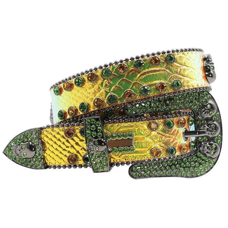 Simon Punk Bb Rhinestone Belt Skull Buckle Man Leather Strap Western Cowboy Y2K Girls Fashion Belt for Jeans Accessories